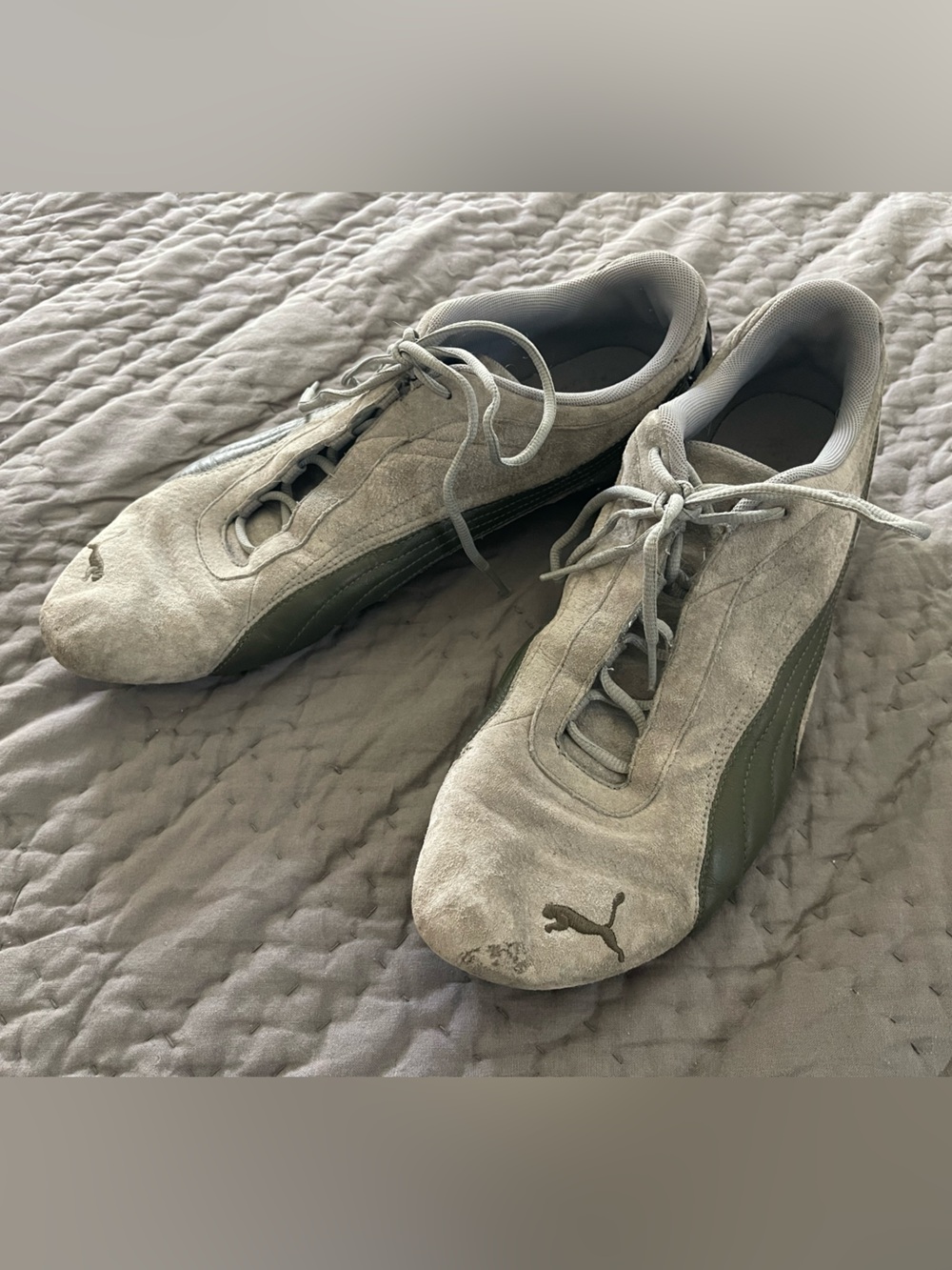 Vintage Puma Future Cat Men's Suede Sneakers Light Gray Olive Green Sz 13 US Y2K